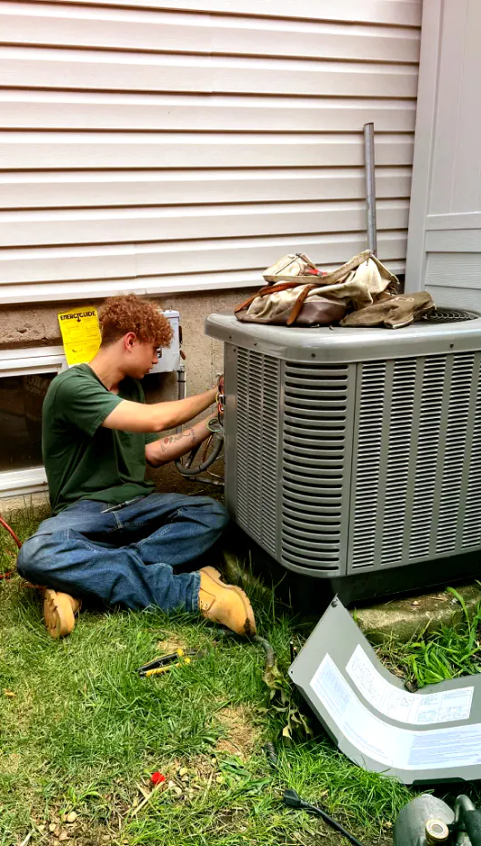 hvac technician repairing a houses air conditioner levittown pa